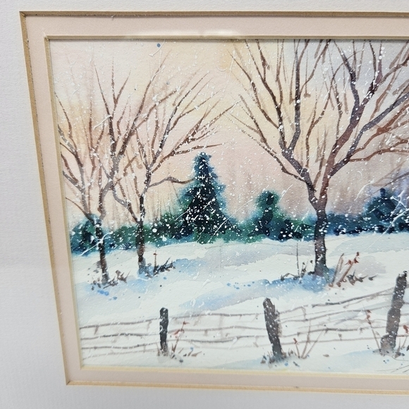 Watercolor Painting Winter Country Scene With Fence & Snow Artist Signed 12 x 10 - Picture 3 of 7